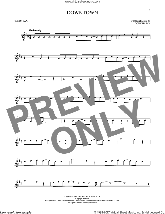 Downtown sheet music for tenor saxophone solo by Petula Clark and Tony Hatch, intermediate skill level