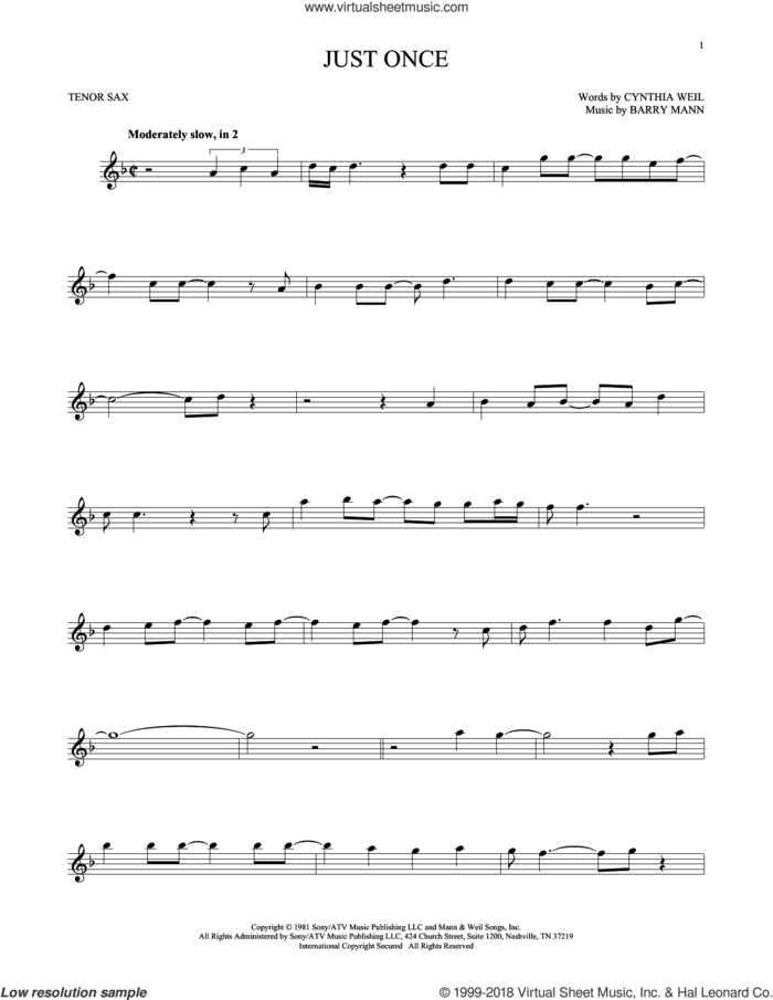 Just Once sheet music for tenor saxophone solo by Quincy Jones featuring James Ingram, Barry Mann and Cynthia Weil, intermediate skill level
