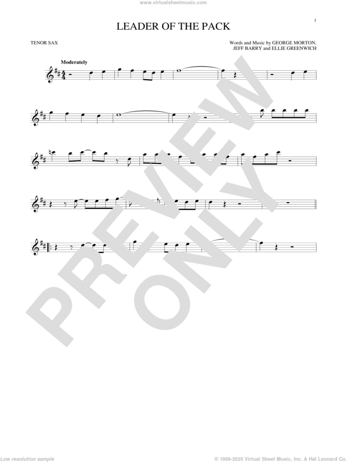 Leader Of The Pack sheet music for tenor saxophone solo by The Shangri-Las, Ellie Greenwich, George Morton and Jeff Barry, intermediate skill level