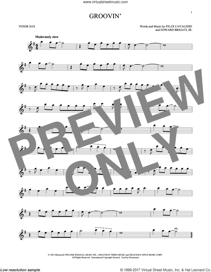 Groovin' sheet music for tenor saxophone solo by Young Rascals, Edward Brigati Jr. and Felix Cavaliere, intermediate skill level