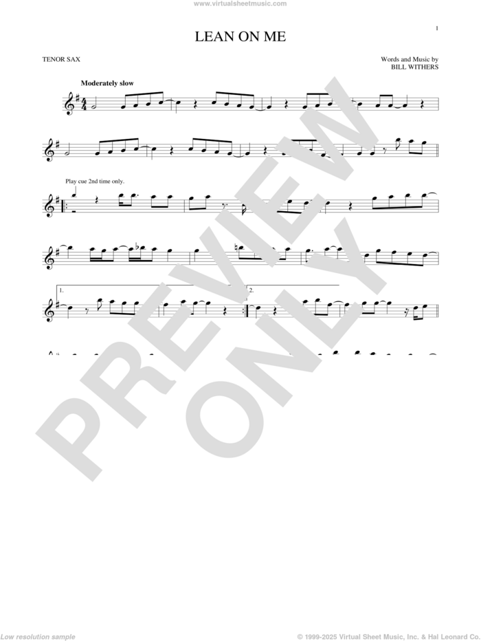 Lean On Me sheet music for tenor saxophone solo by Bill Withers and Club Nouveau, intermediate skill level