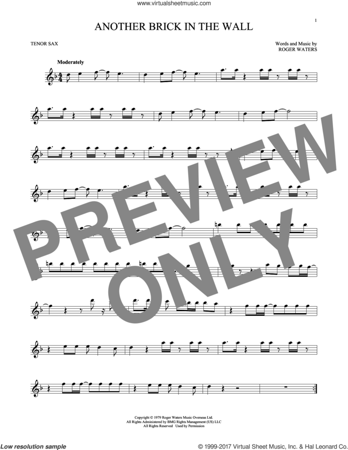 Another Brick In The Wall sheet music for tenor saxophone solo by Pink Floyd, Korn and Roger Waters, intermediate skill level