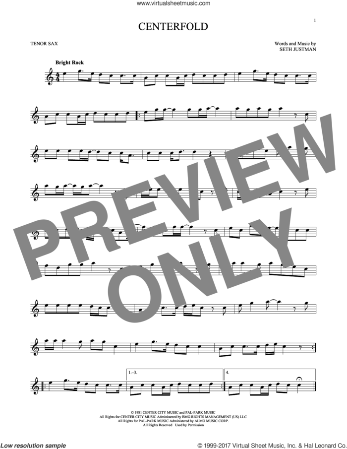 Centerfold sheet music for tenor saxophone solo by J. Geils Band, intermediate skill level