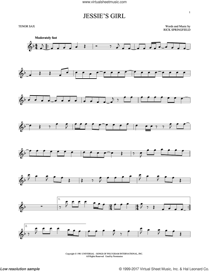 Jessie's Girl sheet music for tenor saxophone solo by Rick Springfield, intermediate skill level