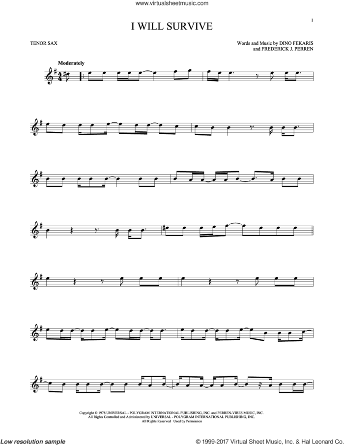 I Will Survive sheet music for tenor saxophone solo by Gloria Gaynor, Dino Fekaris and Frederick Perren, intermediate skill level