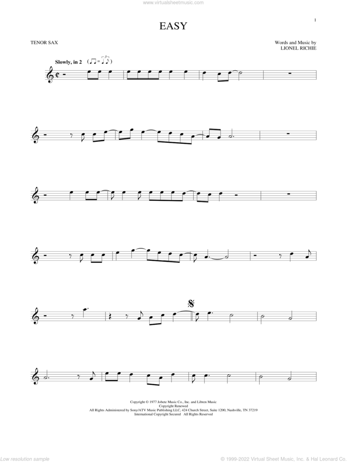Easy sheet music for tenor saxophone solo by The Commodores and Lionel Richie, intermediate skill level