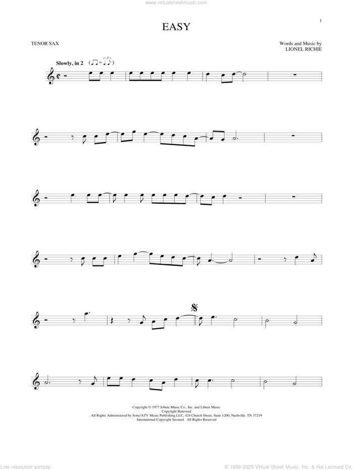 Easy sheet music for tenor saxophone solo by The Commodores and Lionel Richie, intermediate skill level