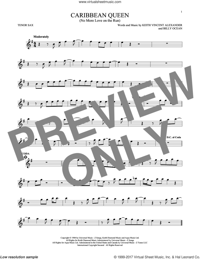 Caribbean Queen (No More Love On The Run) sheet music for tenor saxophone solo by Billy Ocean and Keith Vincent Alexander, intermediate skill level