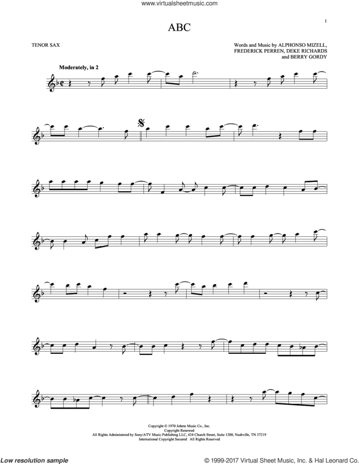 ABC sheet music for tenor saxophone solo by The Jackson 5, Alphonso Mizell, Berry Gordy, Deke Richards and Frederick Perren, intermediate skill level