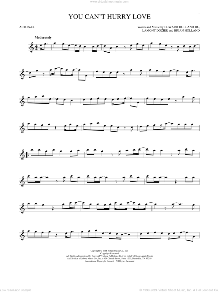 You Can't Hurry Love sheet music for alto saxophone solo by The Supremes, Phil Collins, Brian Holland, Edward Holland Jr. and Lamont Dozier, intermediate skill level