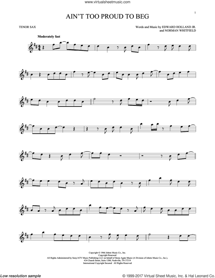 Ain't Too Proud To Beg sheet music for tenor saxophone solo by The Temptations, Edward Holland Jr. and Norman Whitfield, intermediate skill level