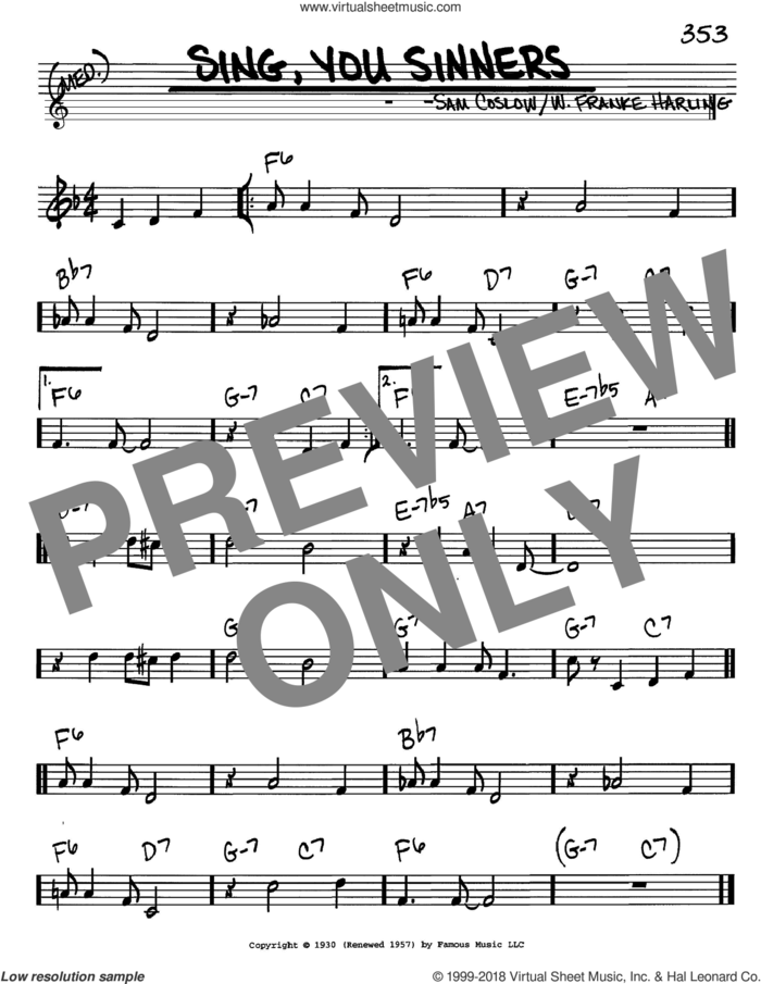 Sing, You Sinners sheet music for voice and other instruments (in C) by Sam Coslow and W. Franke Harling, intermediate skill level