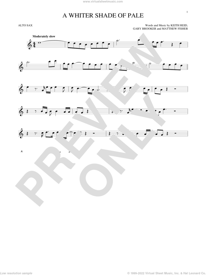 A Whiter Shade Of Pale sheet music for alto saxophone solo by Procol Harum, Gary Brooker, Keith Reid and Matthew Fisher, wedding score, intermediate skill level