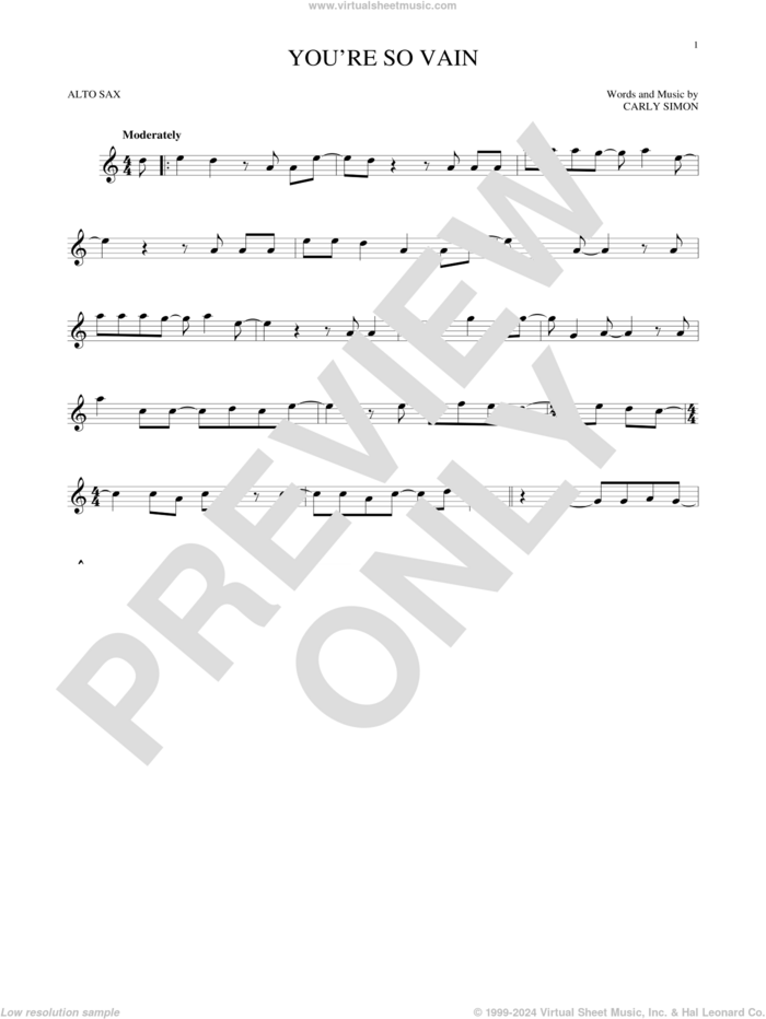 You're So Vain sheet music for alto saxophone solo by Carly Simon, intermediate skill level