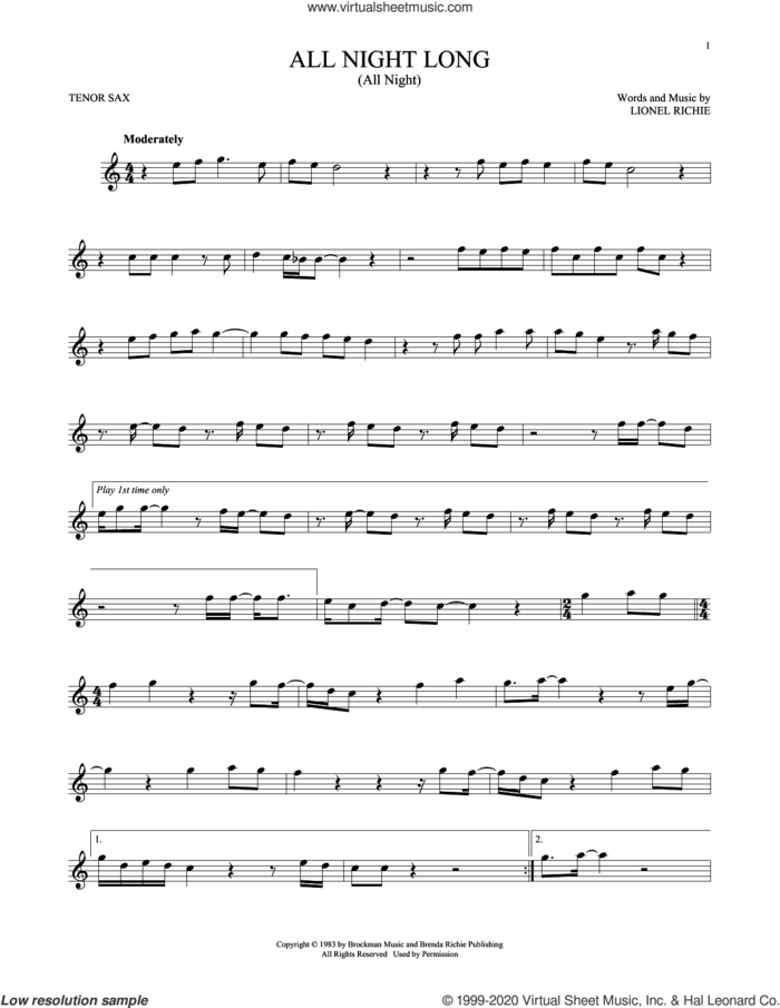 All Night Long (All Night) sheet music for tenor saxophone solo by Lionel Richie, intermediate skill level