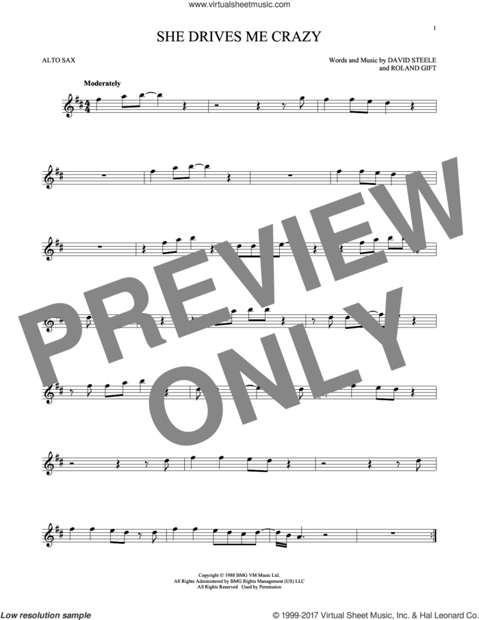 She Drives Me Crazy sheet music for alto saxophone solo by Fine Young Cannibals, David Steele and Roland Gift, intermediate skill level