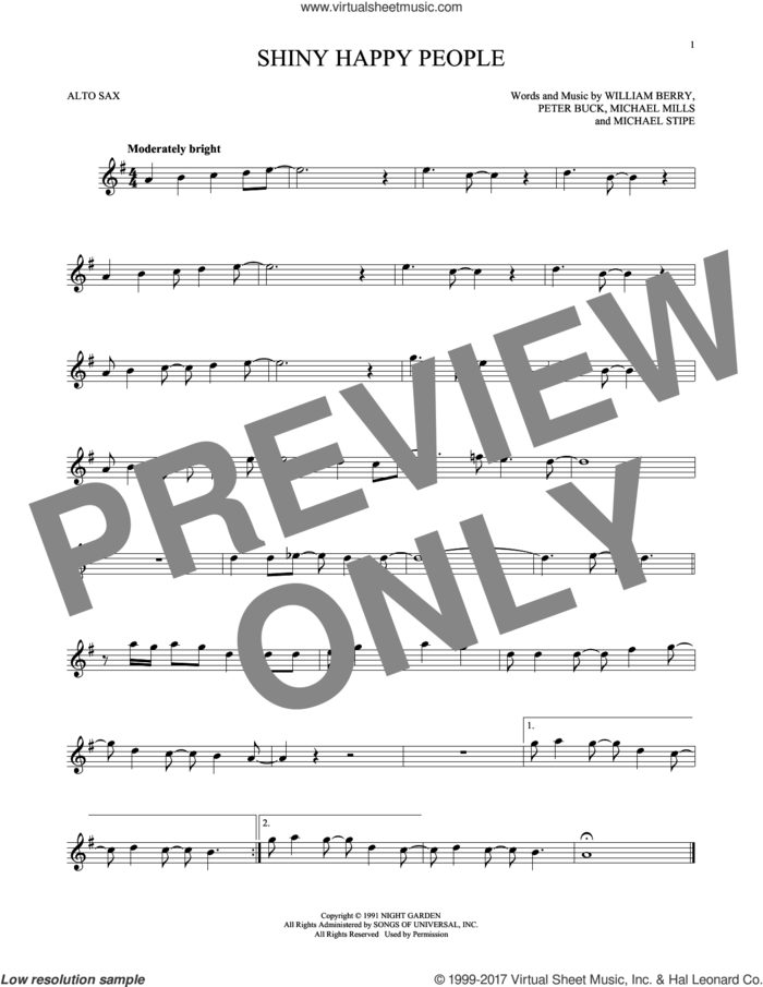 Shiny Happy People sheet music for alto saxophone solo by R.E.M., Michael Stipe, Mike Mills, Peter Buck and William Berry, intermediate skill level