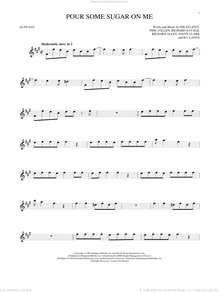 Pour Some Sugar On Me sheet music for alto saxophone solo by Def Leppard, Joe Elliott, Phil Collen, Richard Allen, Richard Savage, Robert John Lange and Steve Clark, intermediate skill level