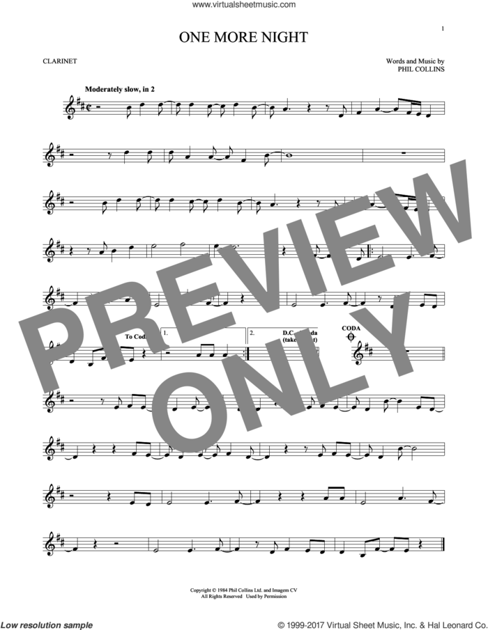 One More Night sheet music for clarinet solo by Phil Collins, intermediate skill level