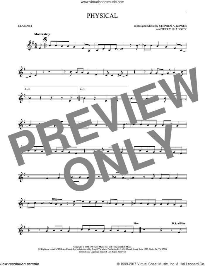 Physical sheet music for clarinet solo by Olivia Newton-John, Stephen A. Kipner and Terry Shaddick, intermediate skill level