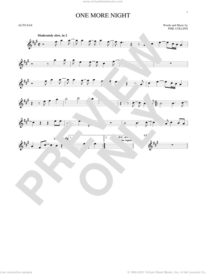 One More Night sheet music for alto saxophone solo by Phil Collins, intermediate skill level
