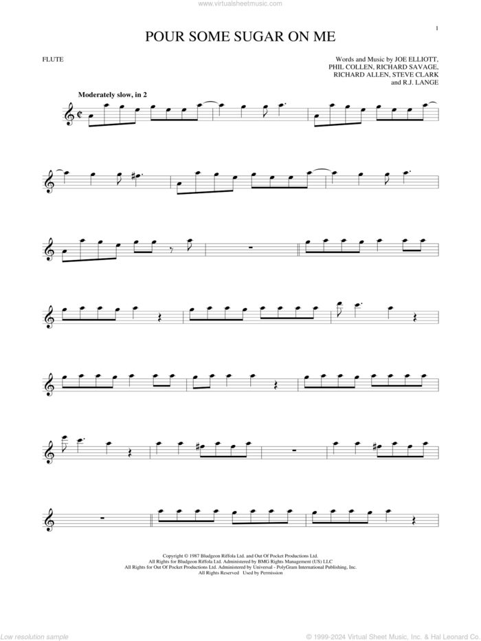 Pour Some Sugar On Me sheet music for flute solo by Def Leppard, Joe Elliott, Phil Collen, Richard Allen, Richard Savage, Robert John Lange and Steve Clark, intermediate skill level