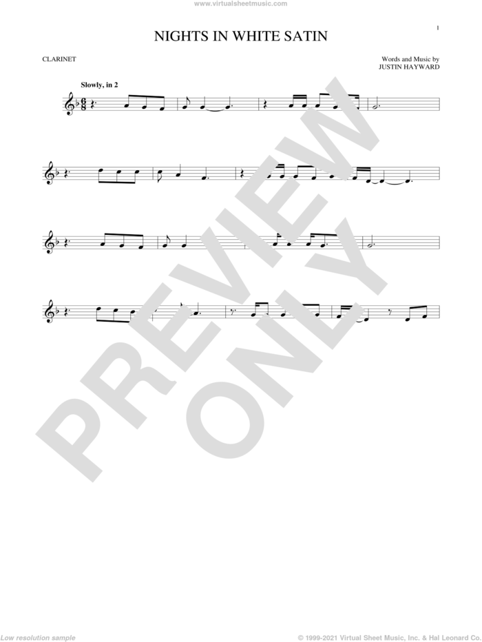Nights In White Satin sheet music for clarinet solo by The Moody Blues and Justin Hayward, intermediate skill level