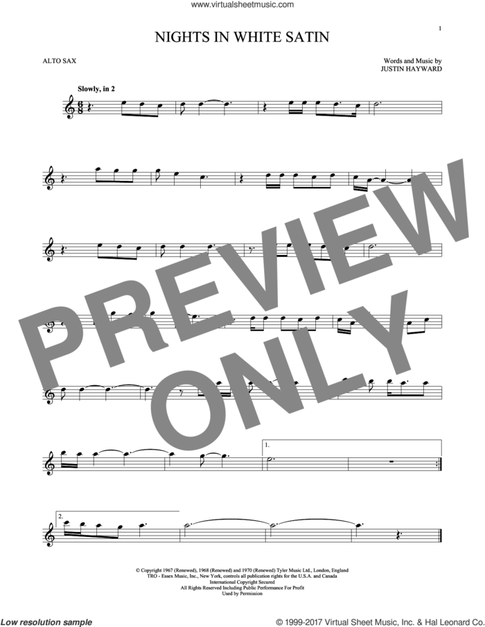 Nights In White Satin sheet music for alto saxophone solo by The Moody Blues and Justin Hayward, intermediate skill level