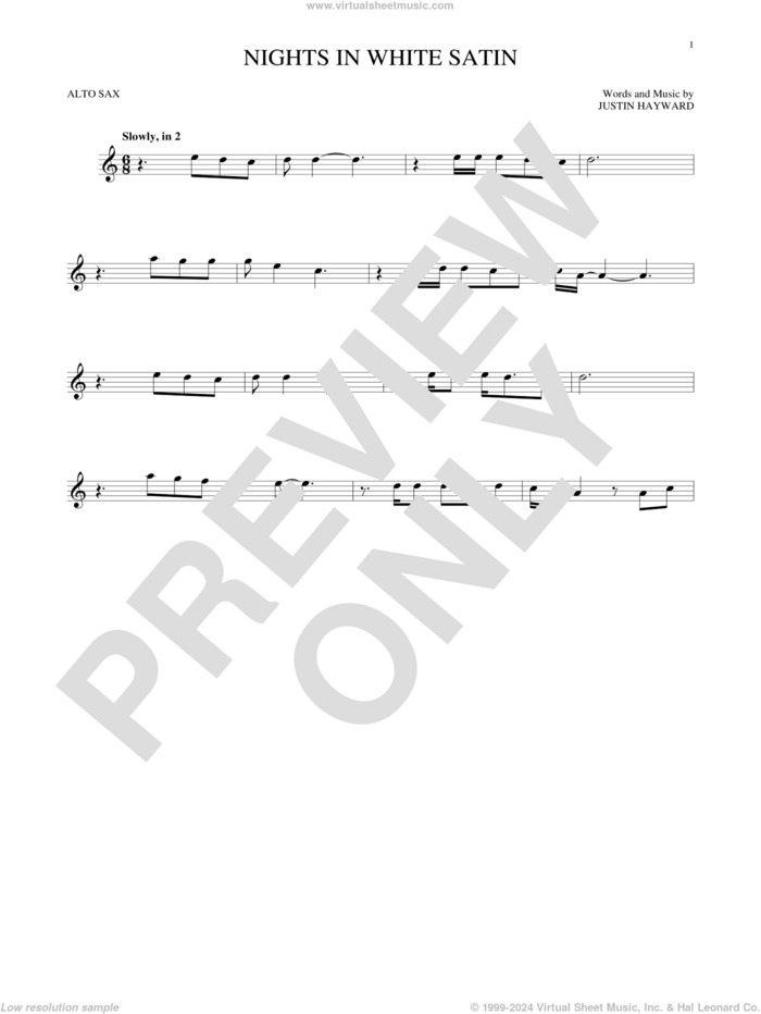 Nights In White Satin sheet music for alto saxophone solo by The Moody Blues and Justin Hayward, intermediate skill level