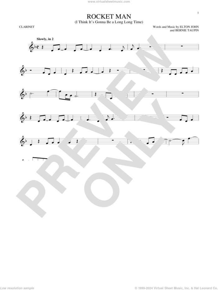 Rocket Man (I Think It's Gonna Be A Long Long Time) sheet music for clarinet solo by Elton John and Bernie Taupin, intermediate skill level