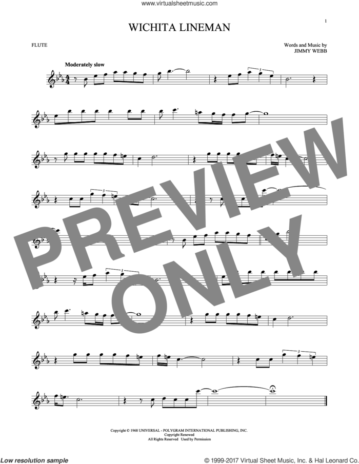 Wichita Lineman sheet music for flute solo by Glen Campbell and Jimmy Webb, intermediate skill level