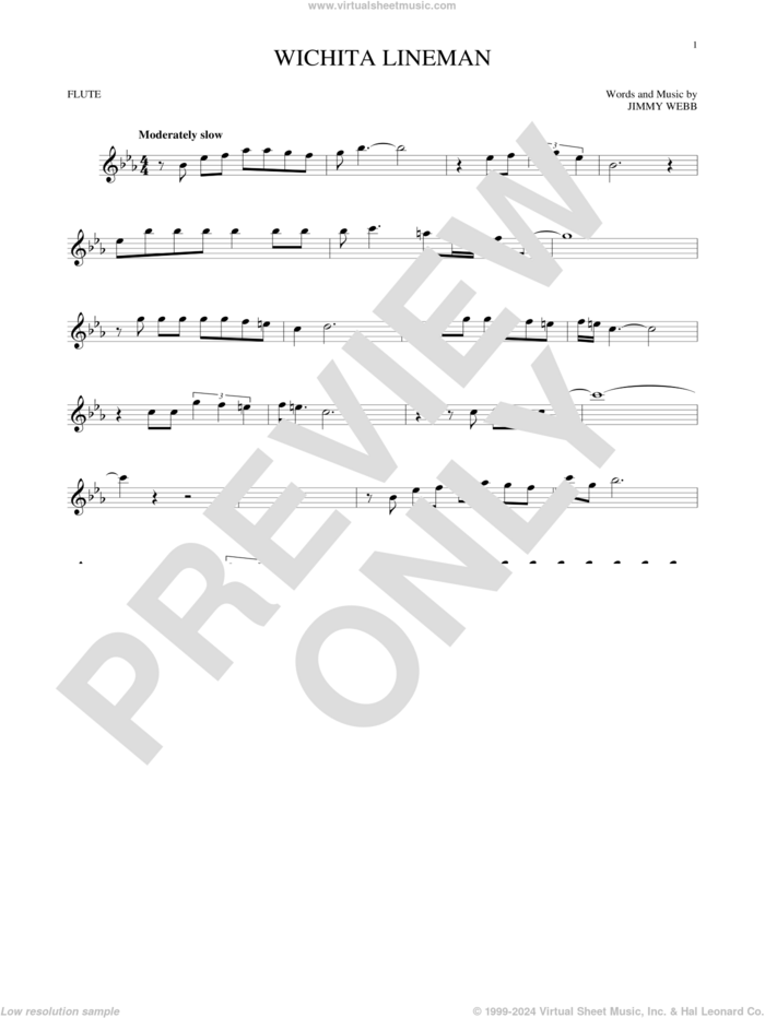 Wichita Lineman sheet music for flute solo by Glen Campbell and Jimmy Webb, intermediate skill level