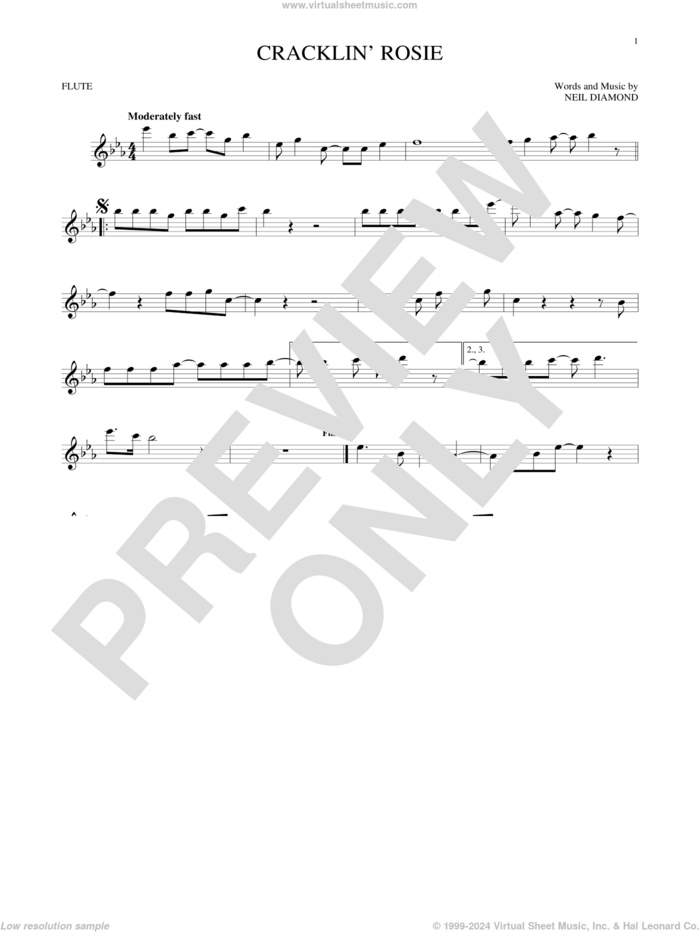 Cracklin' Rosie sheet music for flute solo by Neil Diamond, intermediate skill level