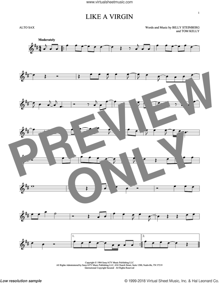 Like A Virgin sheet music for alto saxophone solo by Madonna, Billy Steinberg and Tom Kelly, intermediate skill level