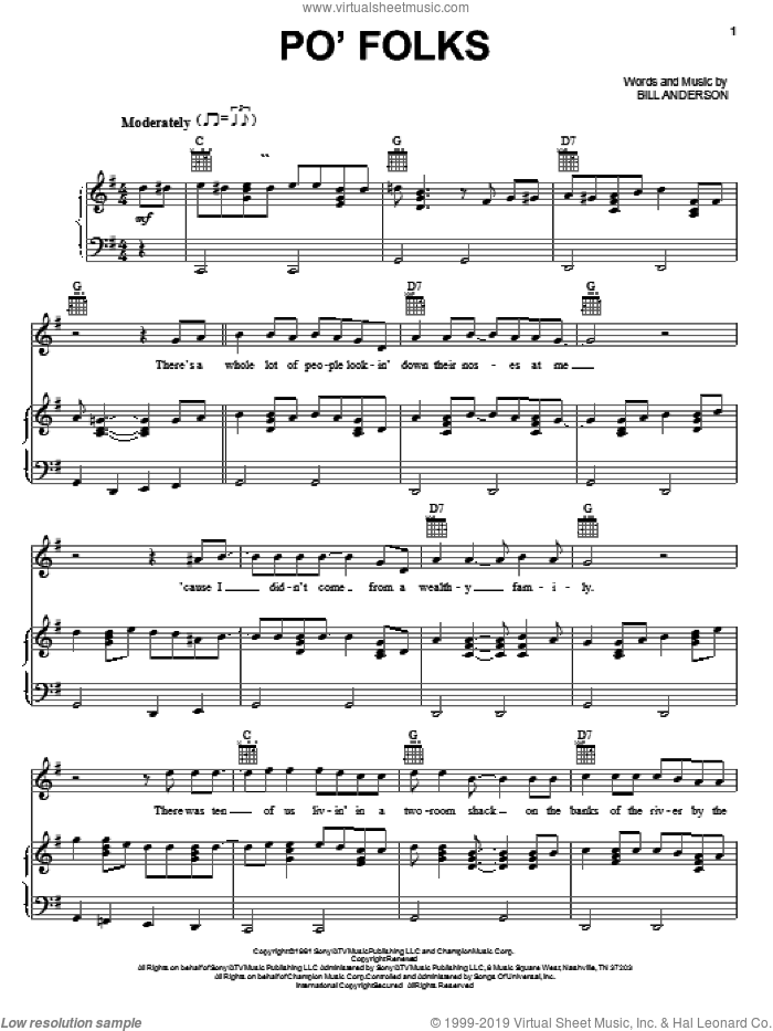 Po' Folks sheet music for voice, piano or guitar by Bill Anderson, intermediate skill level