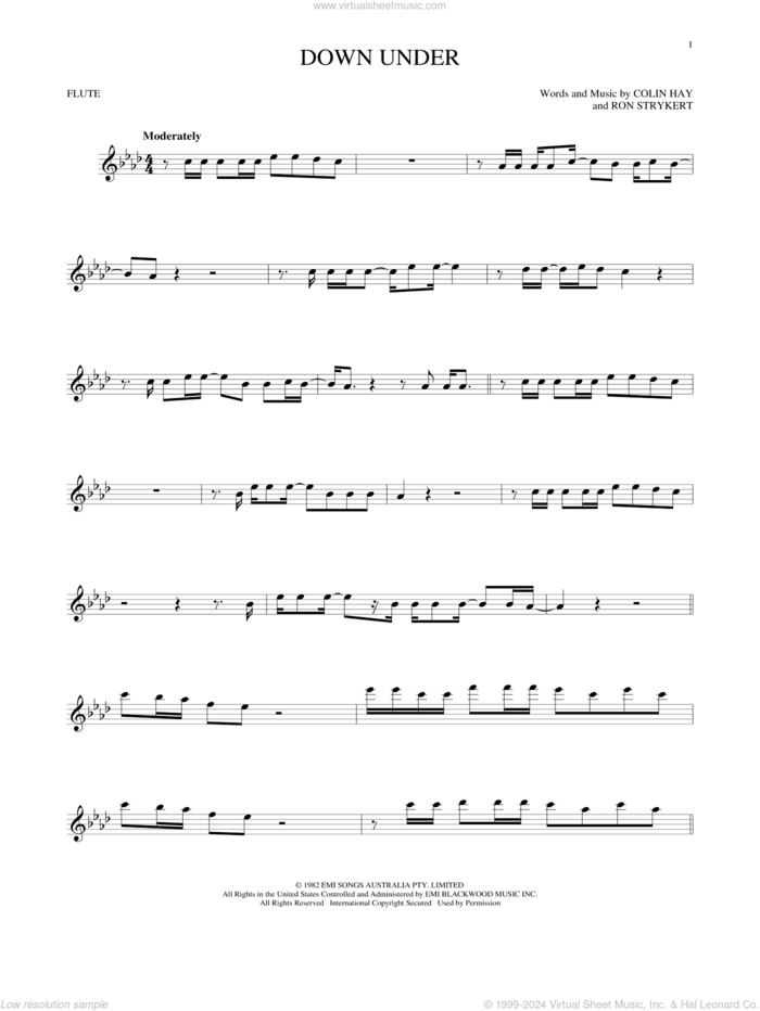 Down Under sheet music for flute solo by Men At Work, Colin Hay and Ron Strykert, intermediate skill level