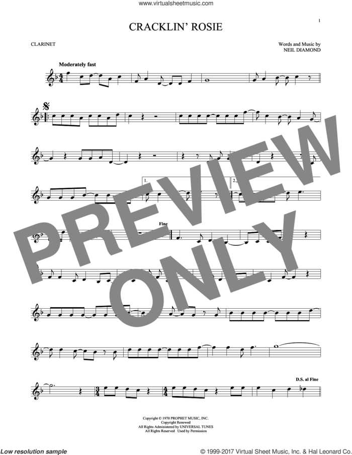 Cracklin' Rosie sheet music for clarinet solo by Neil Diamond, intermediate skill level