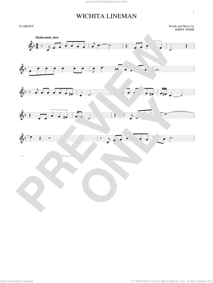 Wichita Lineman sheet music for clarinet solo by Glen Campbell and Jimmy Webb, intermediate skill level