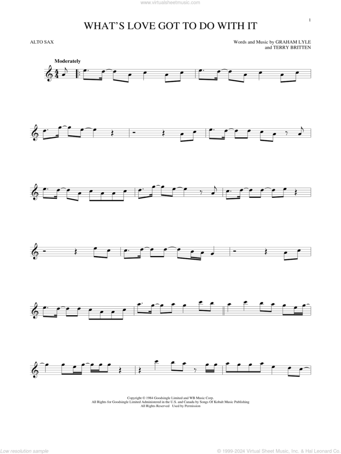 What's Love Got To Do With It sheet music for alto saxophone solo by Tina Turner, Graham Lyle and Terry Britten, intermediate skill level