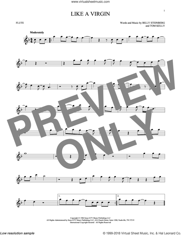 Like A Virgin sheet music for flute solo by Madonna, Billy Steinberg and Tom Kelly, intermediate skill level