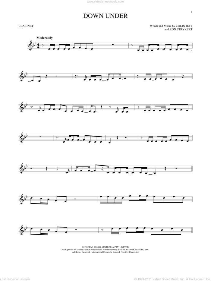 Down Under sheet music for clarinet solo by Men At Work, Colin Hay and Ron Strykert, intermediate skill level