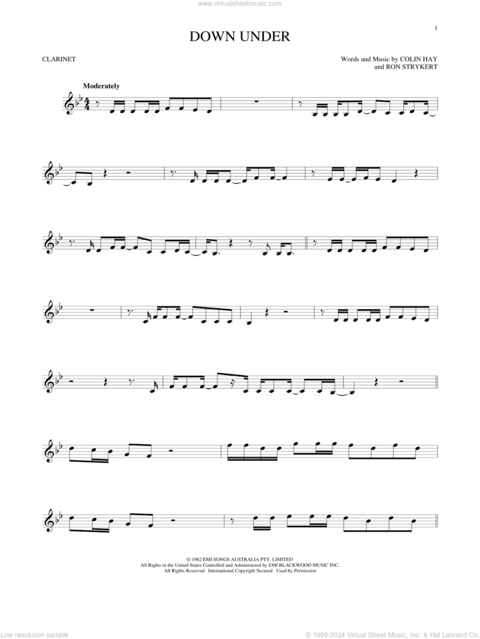 Down Under sheet music for clarinet solo by Men At Work, Colin Hay and Ron Strykert, intermediate skill level