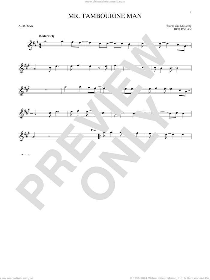 Mr. Tambourine Man sheet music for alto saxophone solo by Bob Dylan, intermediate skill level