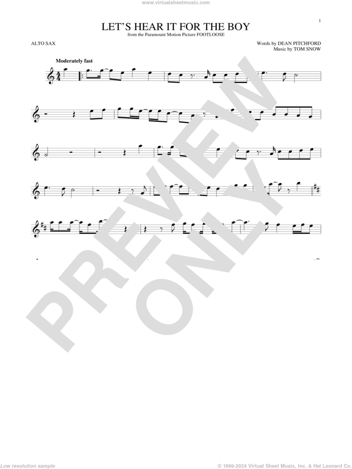 Let's Hear It For The Boy sheet music for alto saxophone solo by Deniece Williams, Dean Pitchford and Tom Snow, intermediate skill level