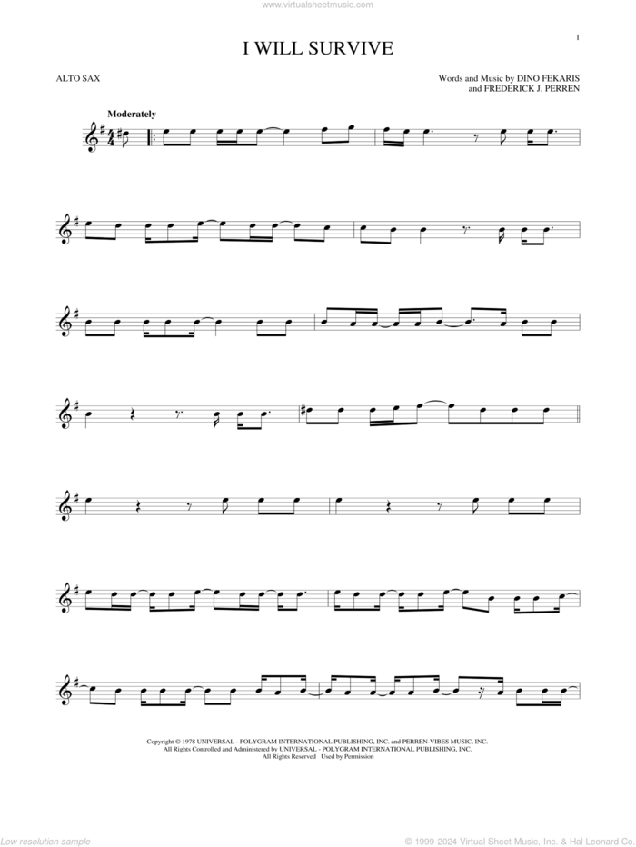 I Will Survive sheet music for alto saxophone solo by Gloria Gaynor, Dino Fekaris and Frederick Perren, intermediate skill level