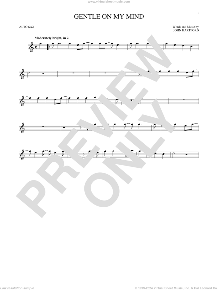 Gentle On My Mind sheet music for alto saxophone solo by Glen Campbell and John Hartford, intermediate skill level