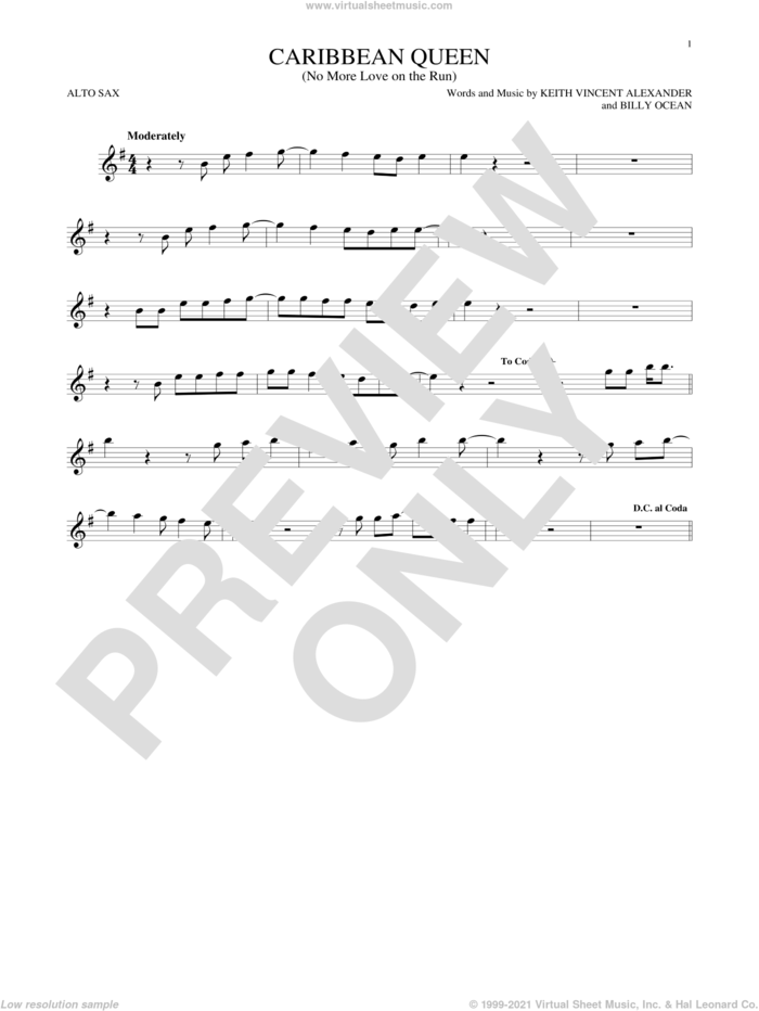 Caribbean Queen (No More Love On The Run) sheet music for alto saxophone solo by Billy Ocean and Keith Vincent Alexander, intermediate skill level