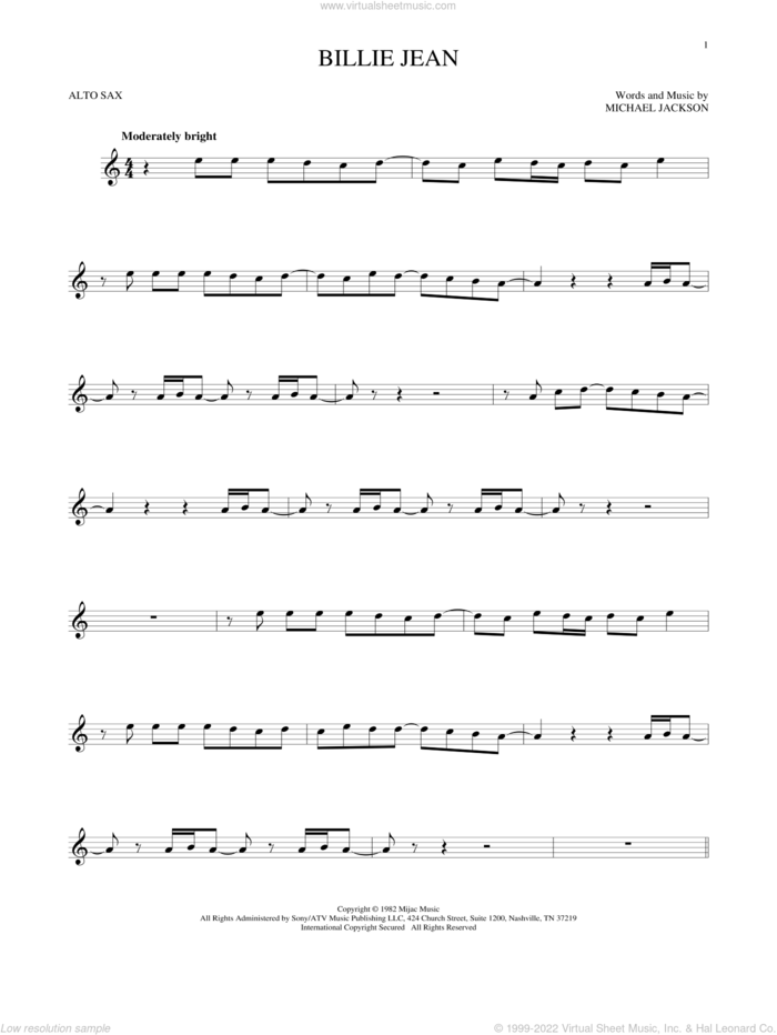 Billie Jean sheet music for alto saxophone solo by Michael Jackson, intermediate skill level