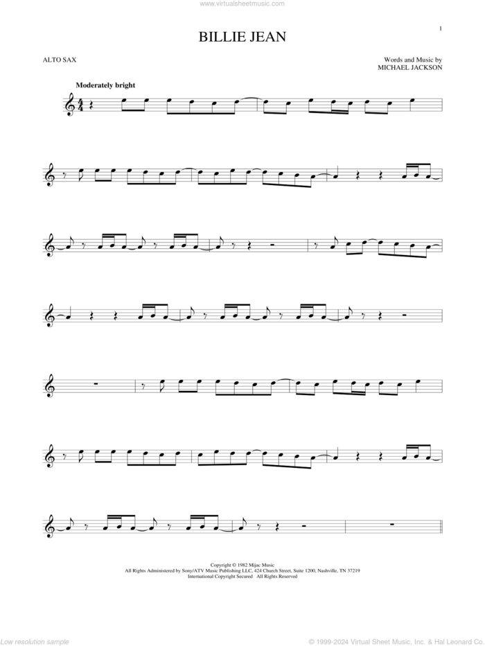 Billie Jean sheet music for alto saxophone solo by Michael Jackson, intermediate skill level