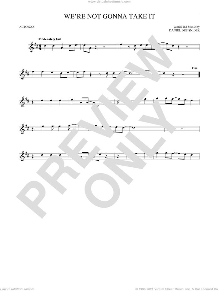 We're Not Gonna Take It sheet music for alto saxophone solo by Twisted Sister and Dee Snider, intermediate skill level